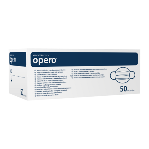 Opero sebészi maszk, nem szőtt textil anyagból, gumis, háromrétegű (kék) - 50 db